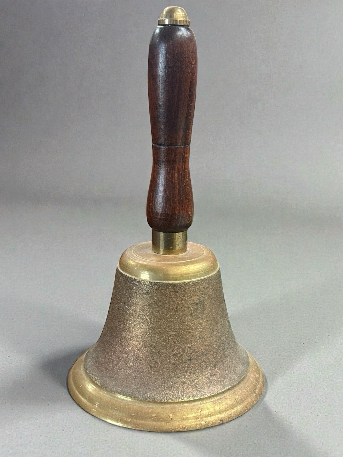 Vintage Brass Turned Wood Hand Held Bell Heavy School Teacher Height 9 Inches