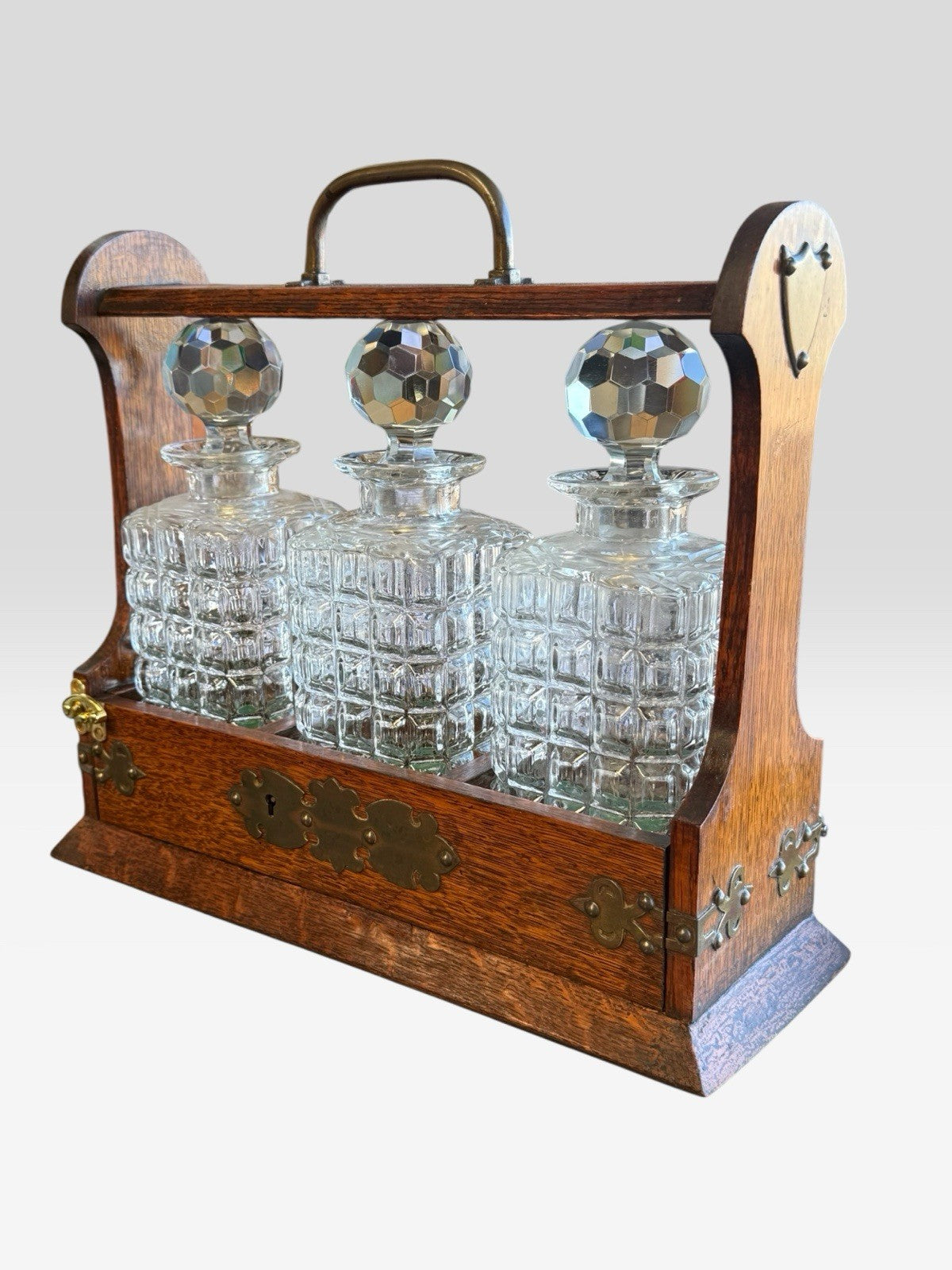 Antique Oak Tantalus Decanter Set Lockable Frame Vintage Whisky Liquor Stand