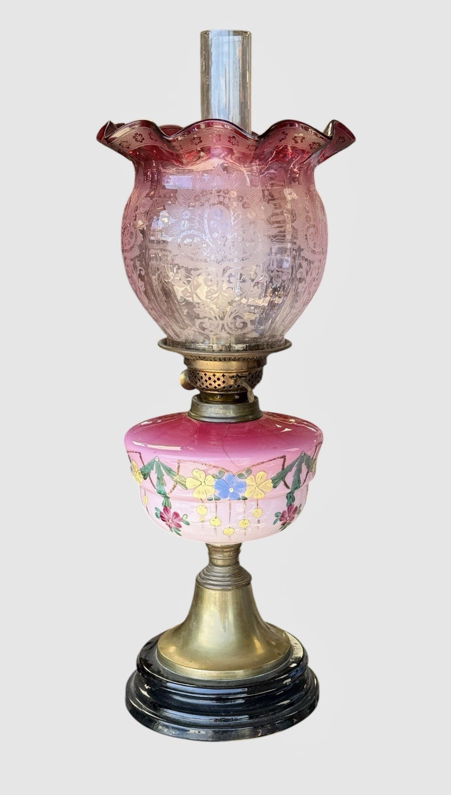 Antique Victorian Cranberry Glass Oil Lamp Hand Painted Font Shade 