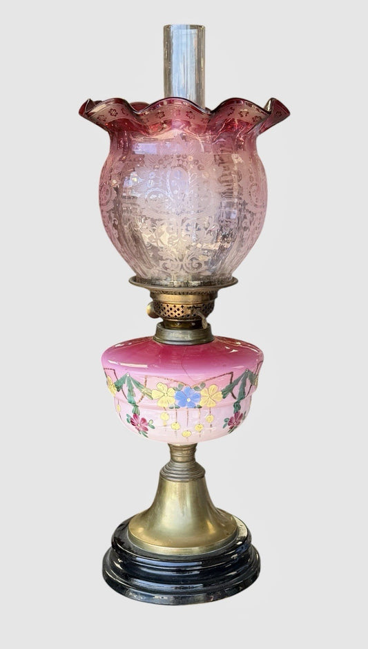 Antique Victorian Cranberry Glass Oil Lamp Hand Painted Font Shade 