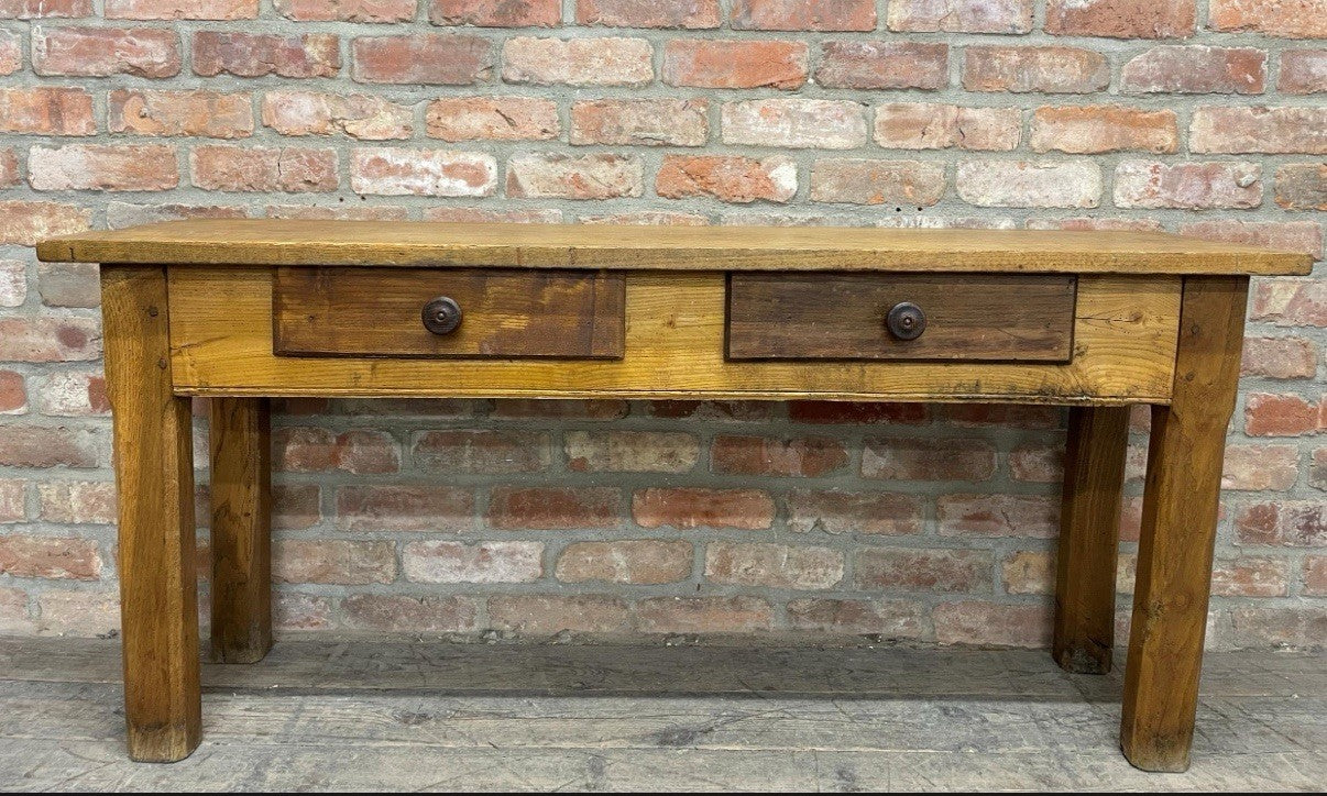 Antique Rustic Oak Console Table With Drawers Vintage Farmhouse Country Kitchen