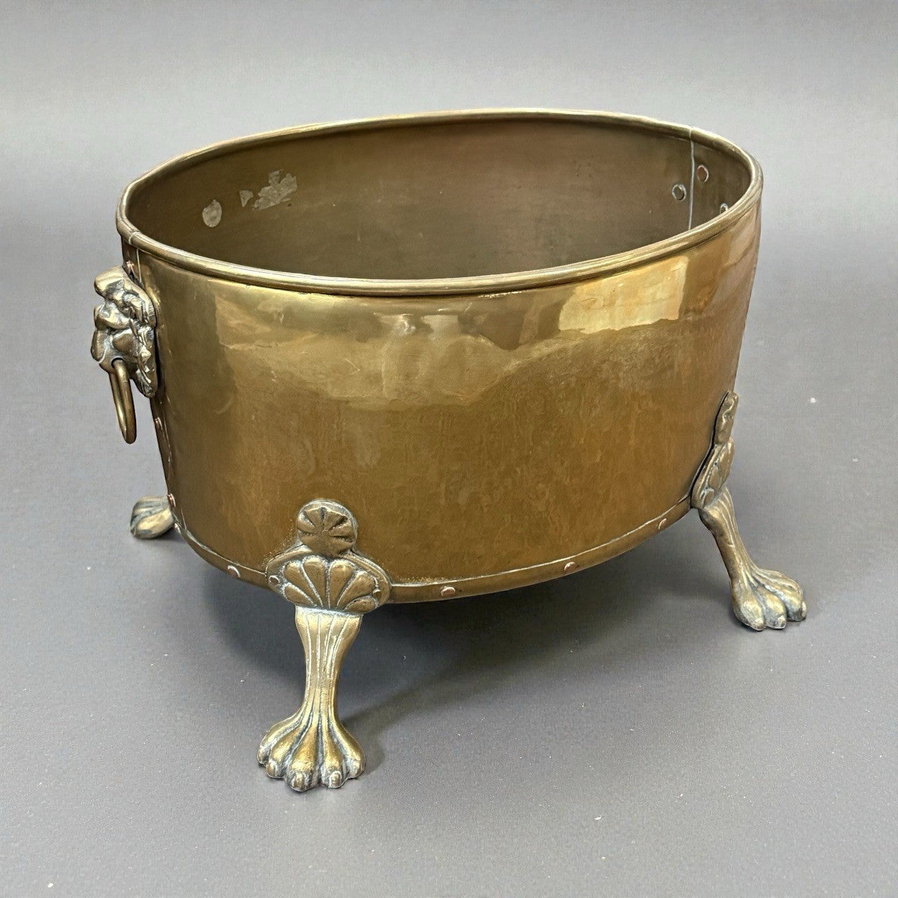 Antique Victorian Brass Log Bin With Lion Mask Handles And Paw Feet Fireplace