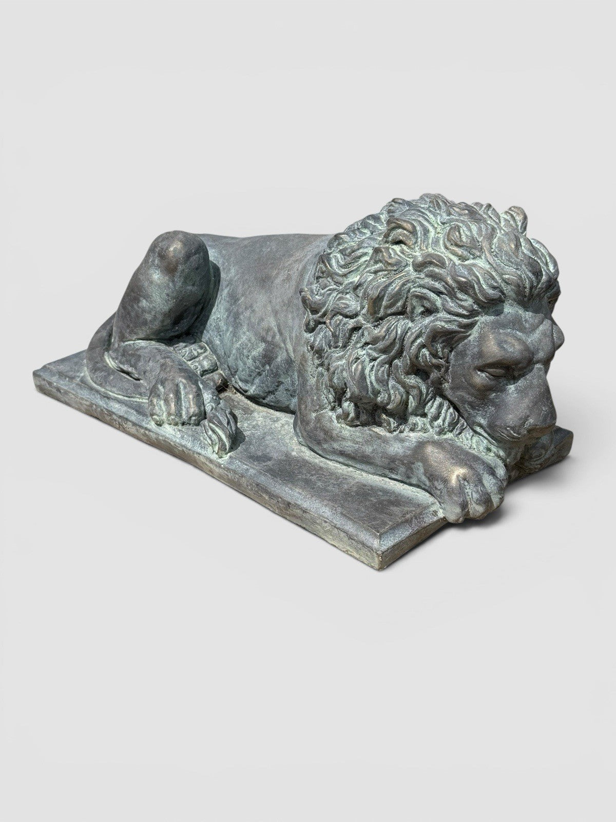 Pair Early 20thC Bronzed Plaster Recumbent Lions After Antonio Canova Statues