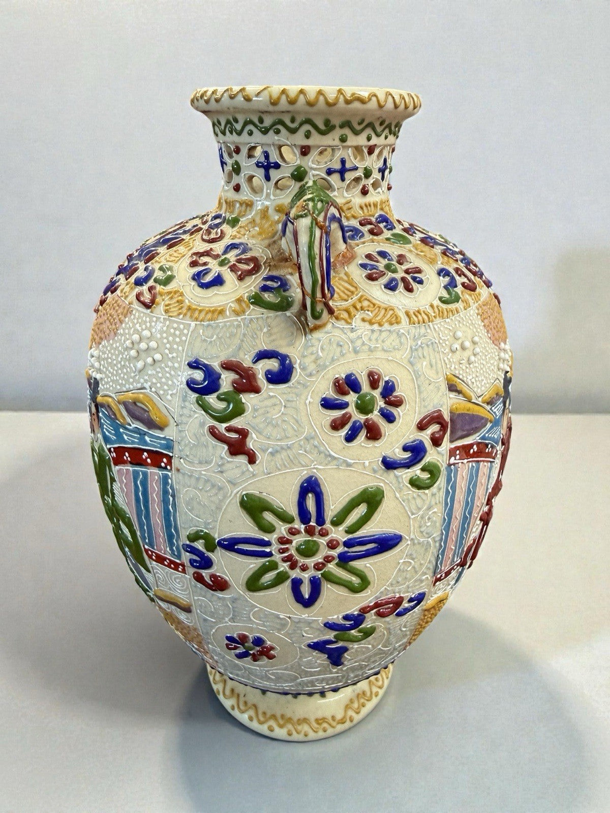 Pair of Vintage Japanese Satsuma Moriage Vases Hand Painted Figural Twin Handle