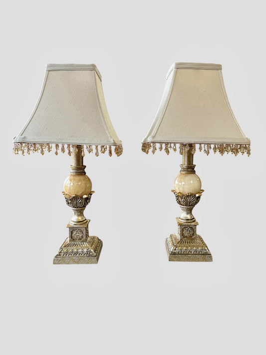 Vintage Neoclassical Table Lamps Pair Ornate Gold Effect with Shades