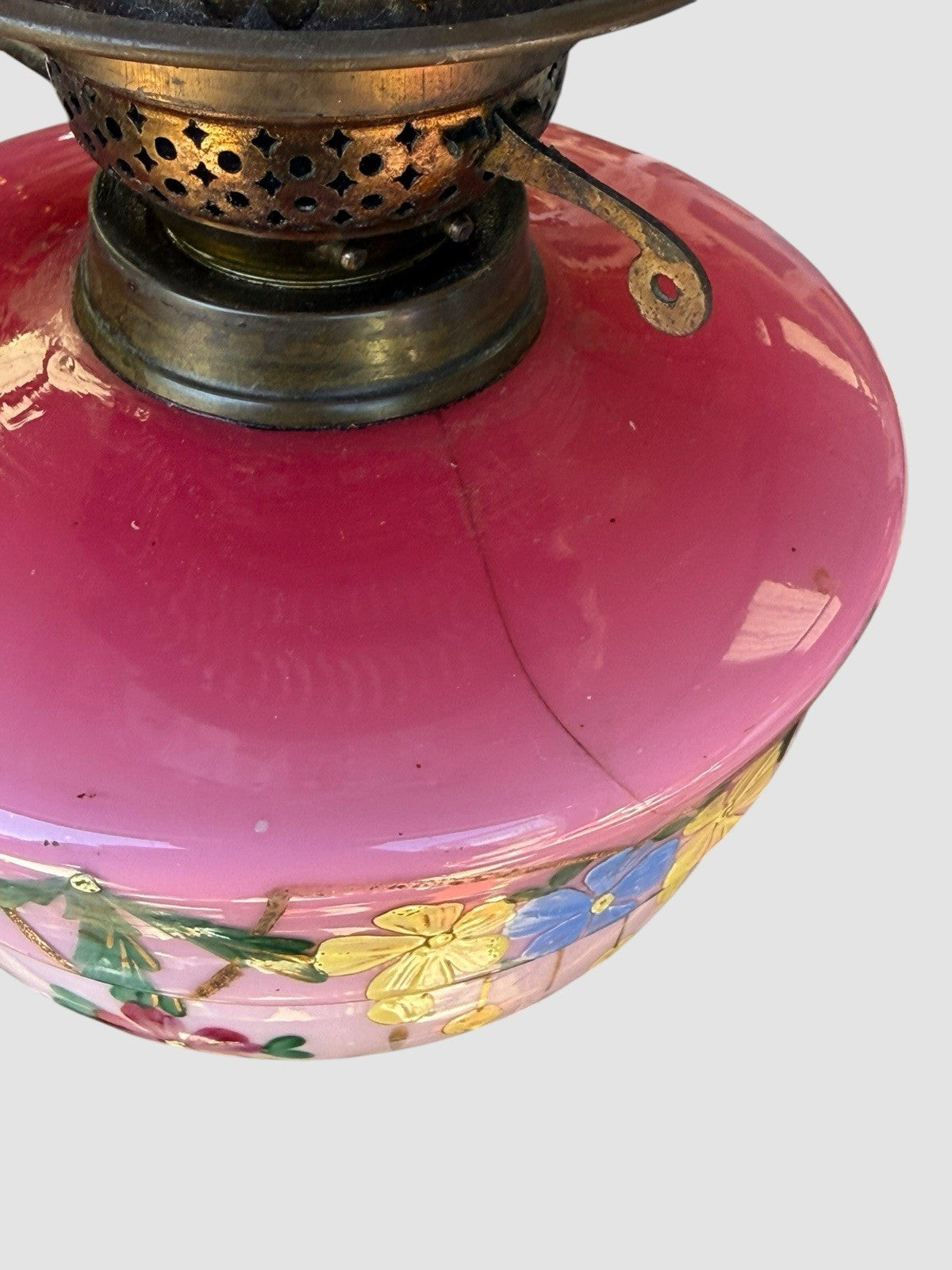 Antique Victorian Cranberry Glass Oil Lamp Hand Painted Font Shade 