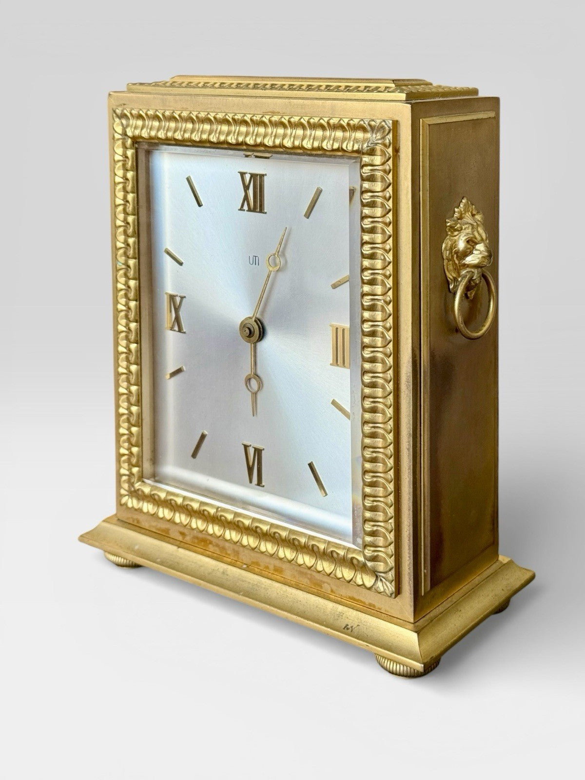 Vintage UTI Gilt Brass Carriage Clock Roman Dial Desk Mantel Timepiece