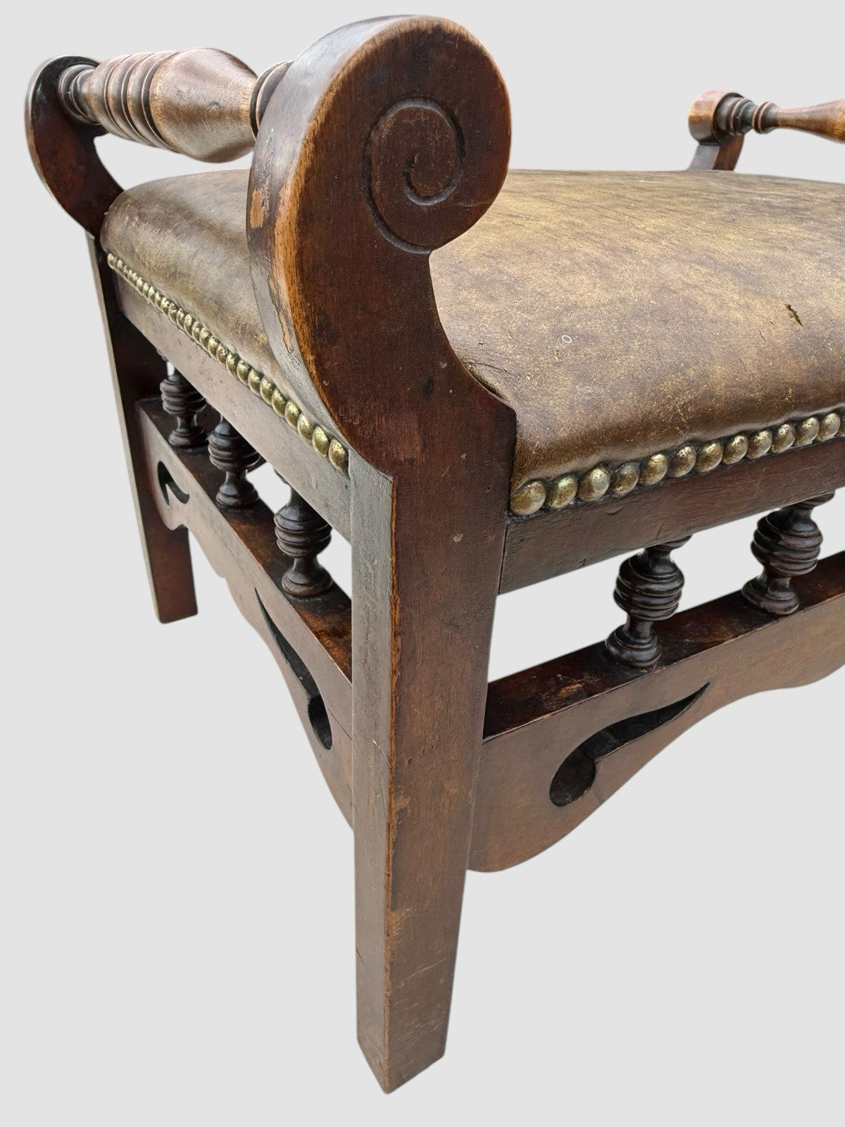 Antique Victorian Oak Stool Leather Upholstered Seat Vintage Footstool