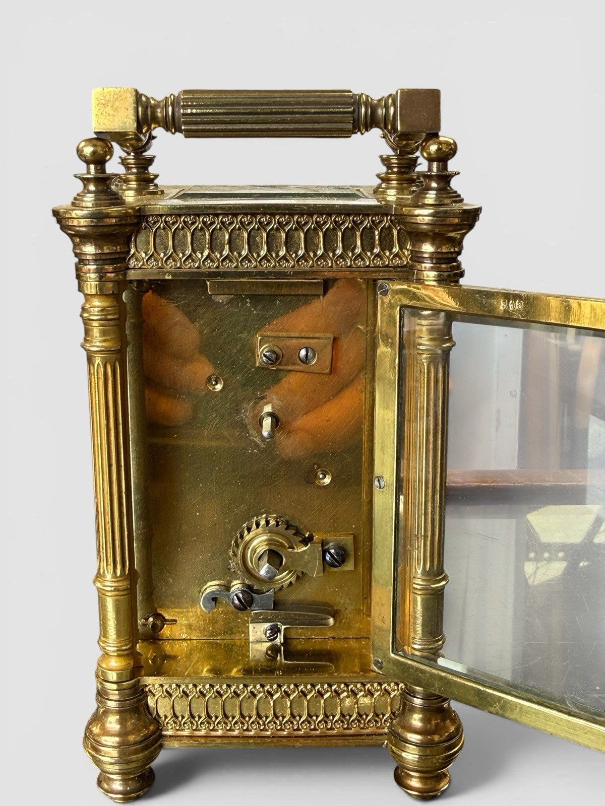 Antique French Gothic Revival Carriage Clock Brass Case Working Timepiece
