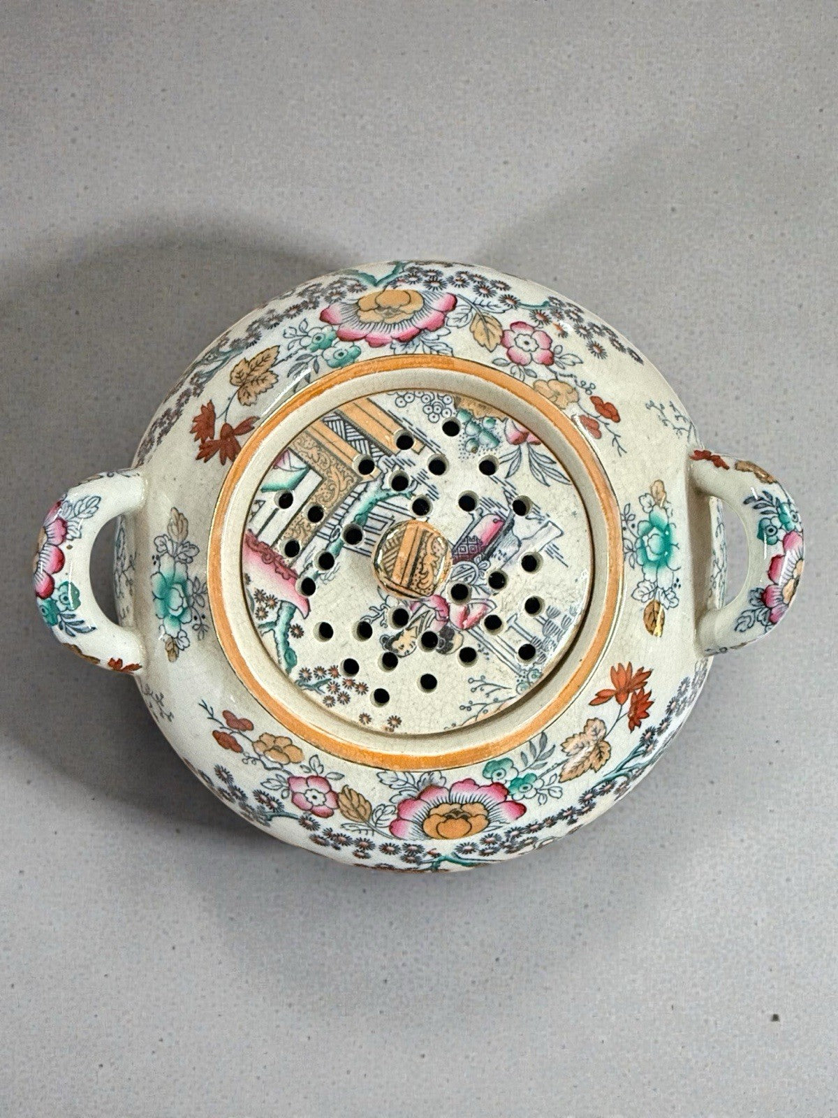Staffordshire Pot Pourri Jar & Cover Hand Painted Oriental Scene Vintage