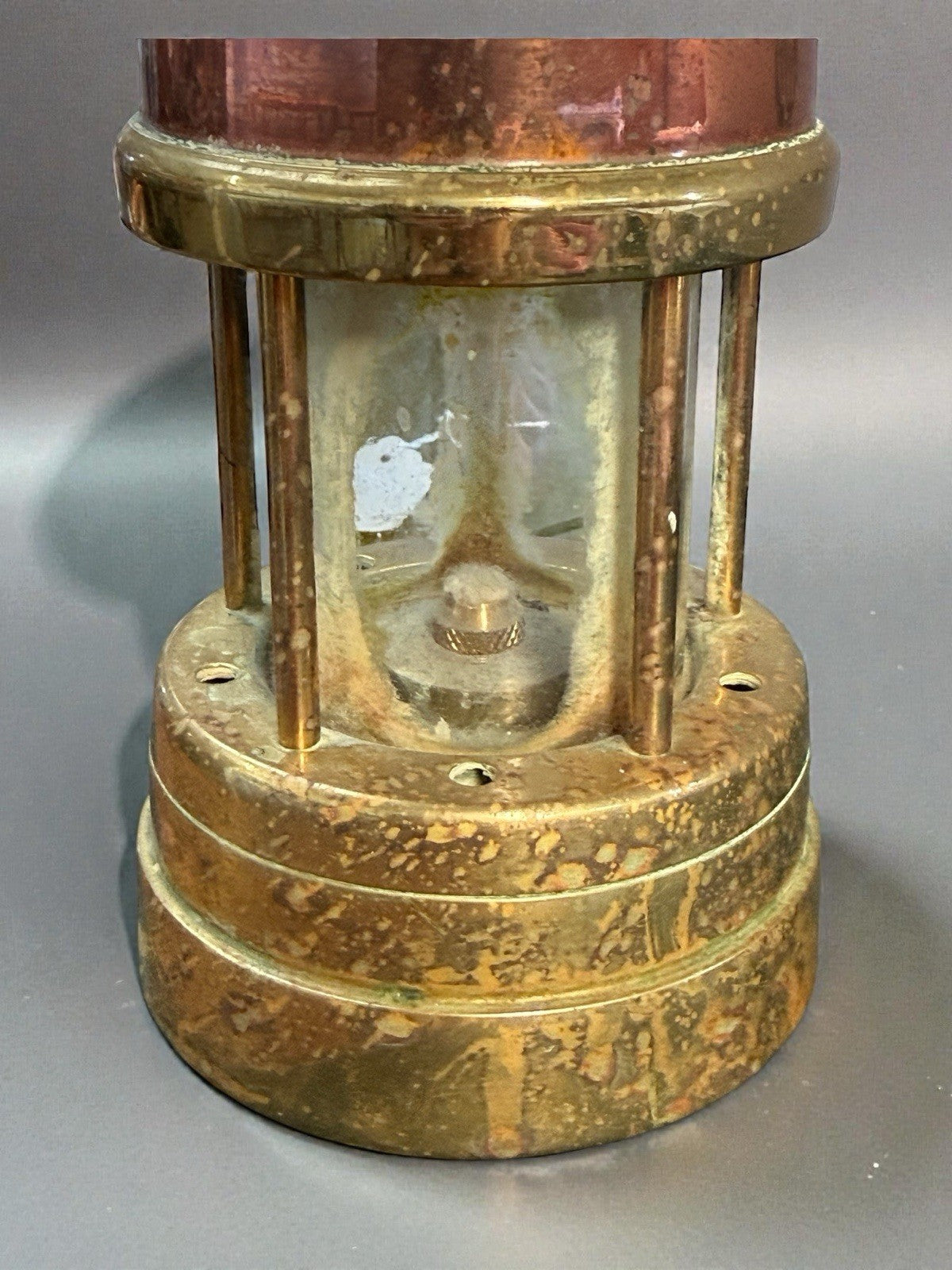 Antique Brass & Copper Welsh Miners Safety Lamp Aberaman Colliery