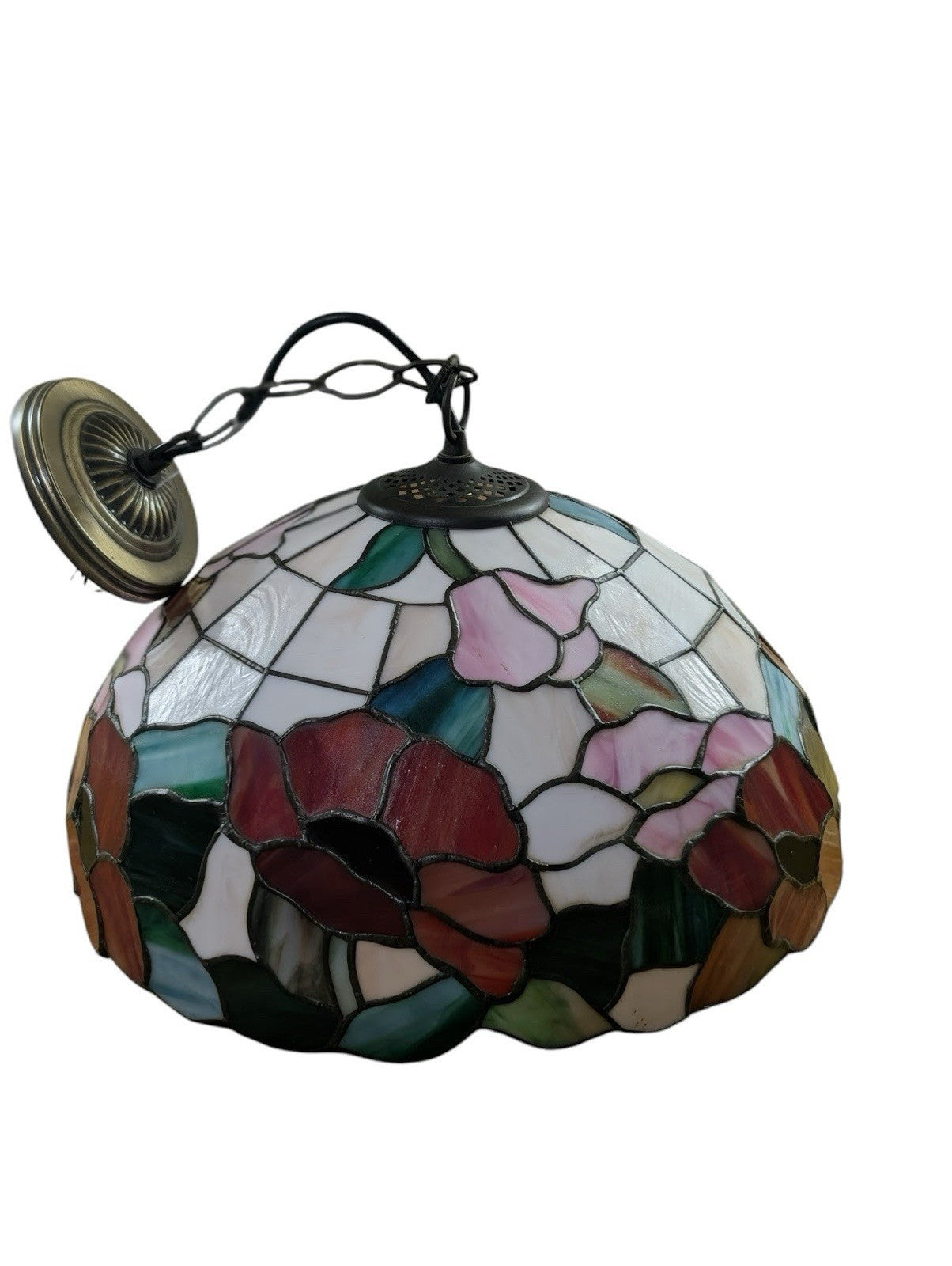 Pair Tiffany Style Glass Ceiling Pendants Vintage Stained Glass Lights