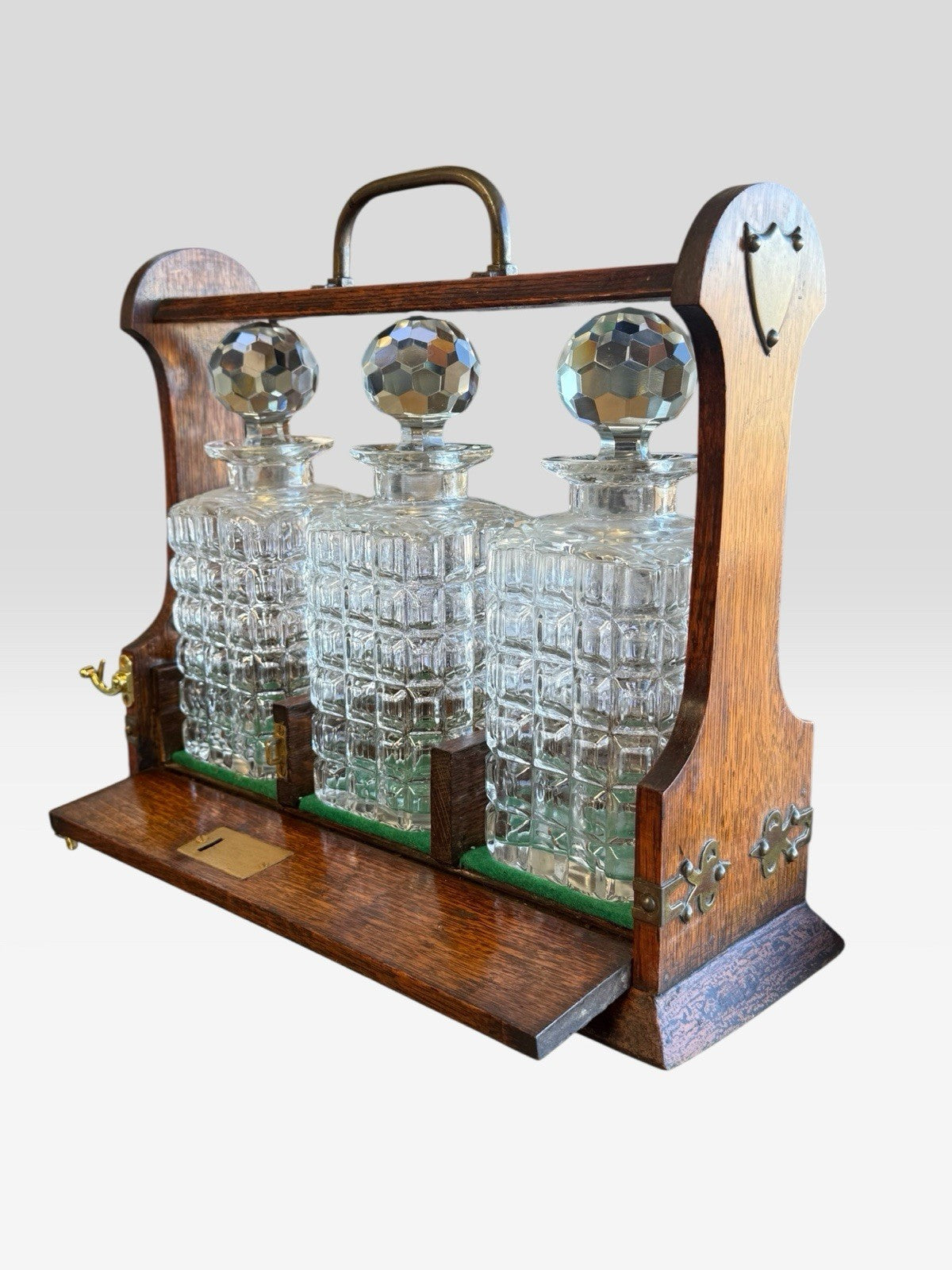 Antique Oak Tantalus Decanter Set Lockable Frame Vintage Whisky Liquor Stand