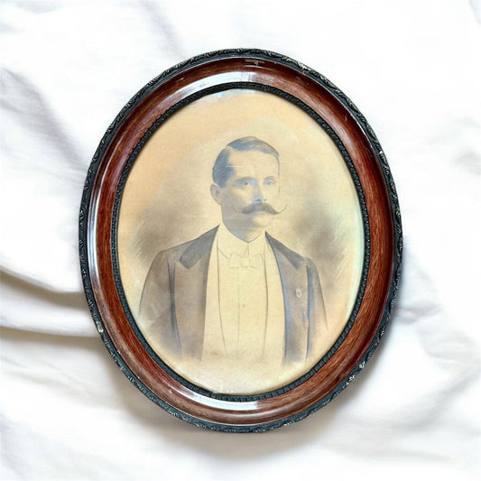 Antique Portrait Moustache Man Lithograph Wood Frame 1900's Edwardian