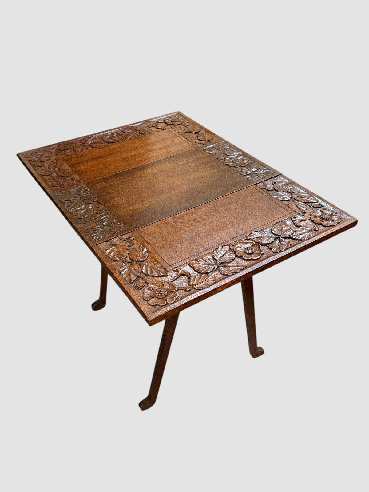 Antique English Carved Oak Swivel Top Drop Leaf Table