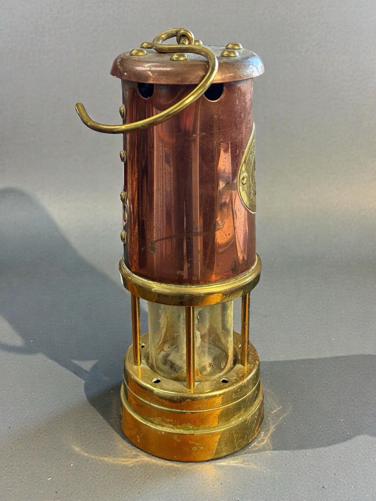 Antique Brass & Copper Welsh Miners Safety Lamp Aberaman Colliery