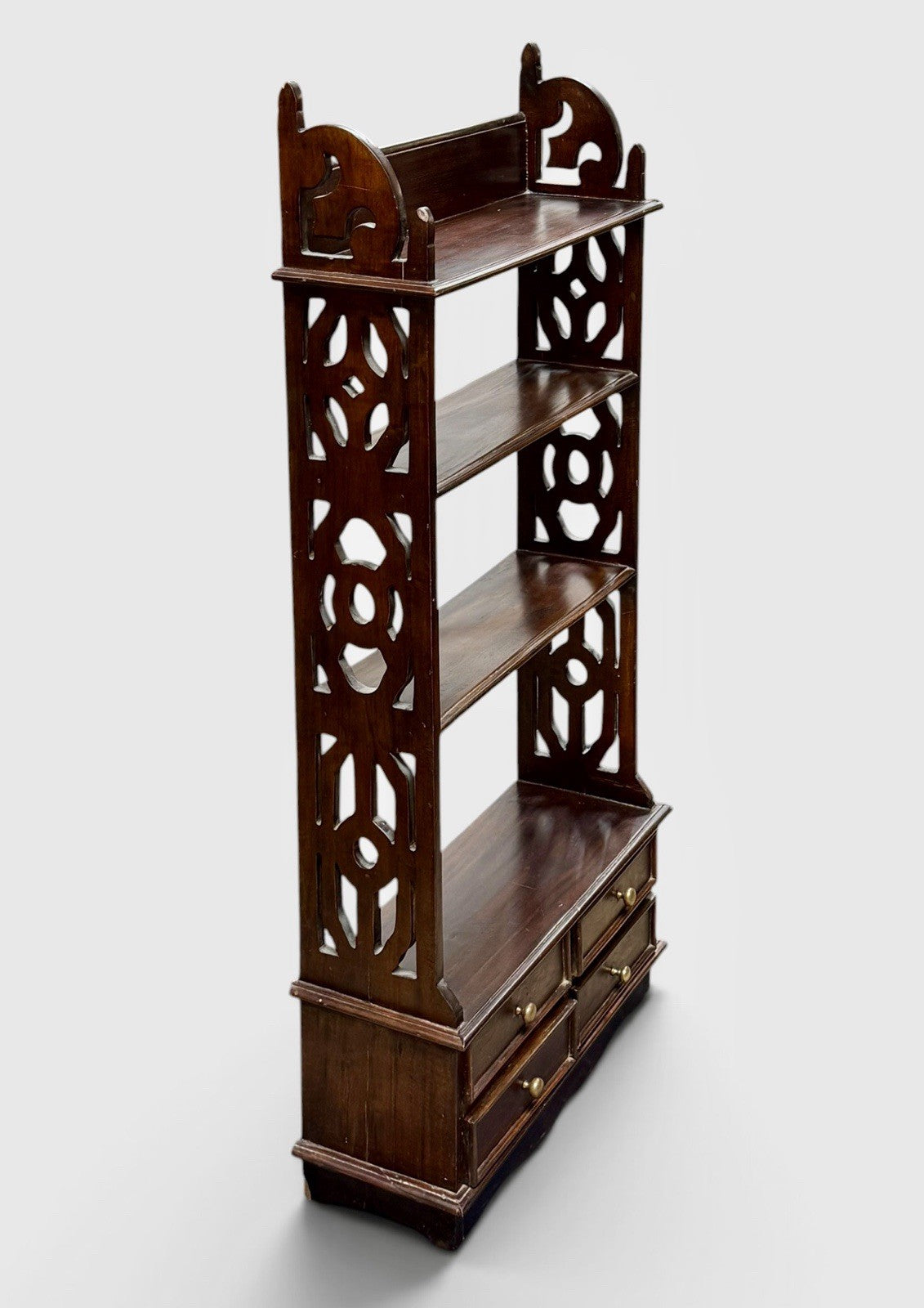 Vintage Regency Style Mahogany Bookcase 4 Tier 4 Drawer Fretted Panels